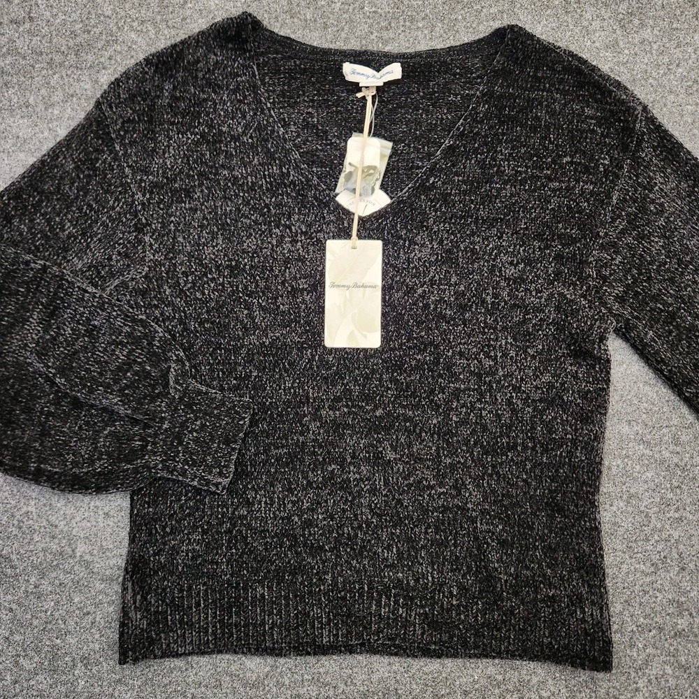 Tommy Bahama Womens Medium Black Tight Knit‎ Pullover V-Neck Top Dark Academia